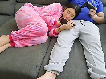 Stepsis gets down and dirty with stepbro while he plays mafficking celebrations & gulps his own jizz