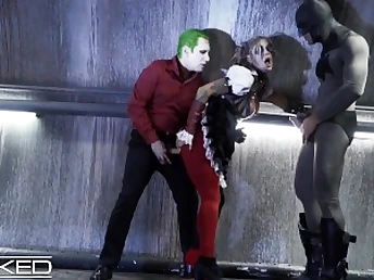 Harley Quinn gets brutally double-teamed by Joker & Batman in Unholy cosplay scene