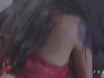 Brunette dame with string tights and tattoos gets coochie beaten