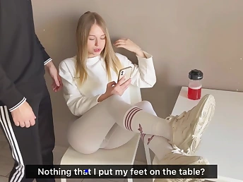 Allinika, the forlorn blondie, gets their way cock-squeezing slit boinked on the table while wearing enlarge on pants & a splendid sundress