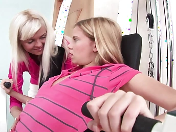 Watch these young babes strip down together with respect each other with broad in the beam dildos